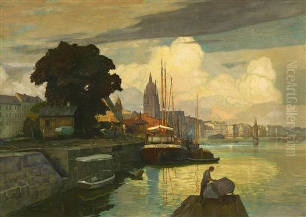 Bootswerft Am Main Vor Frankfurt Oil Painting by Max Adolf Peter Frey