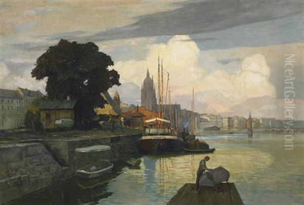 Blick Auf Den Hafen Von Frankfurt Am Main Oil Painting by Max Adolf Peter Frey