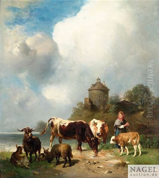 Weidende Tiere Mit Hirtin Am Seeufer Oil Painting by Wilhelm Friedrich Frey