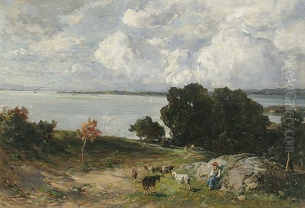 Blick Auf Die Insel Reichenau, Im Vordergrund Ein Ziegenhirte Oil Painting by Wilhelm Friedrich Frey