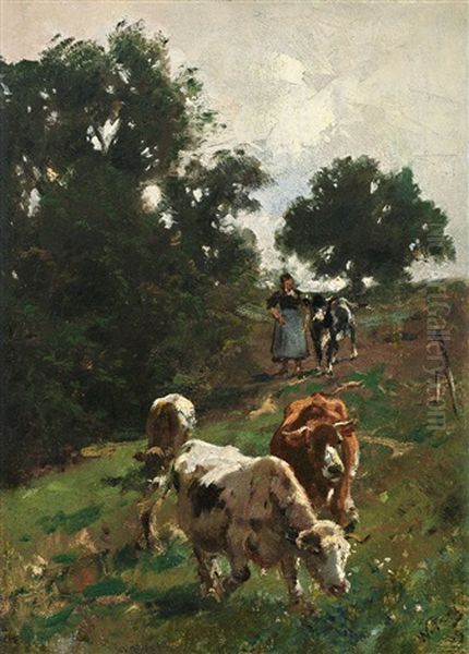 Hirtin Mit Kuhen Auf Dem Heimweg Oil Painting by Wilhelm Friedrich Frey