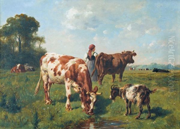 Weidenpartie Mit Vieh Und Hirtin Oil Painting by Wilhelm Friedrich Frey