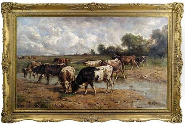 Rinderherde An Einer Wasserstelle In Weiter Landschaft Oil Painting by Wilhelm Friedrich Frey