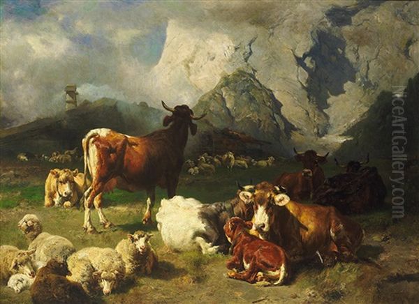 Weidelandschaft Mit Kuh- Und Schafherde Auf Einer Alpe In Tirol Oil Painting by Wilhelm Friedrich Frey