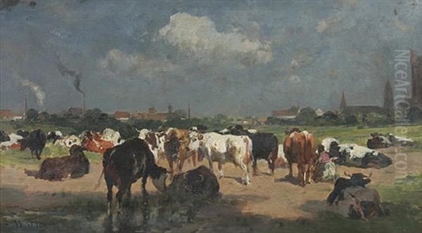 Lagernde Kuhherde Vor Einer Stadt (karlsruhe-daxlanden?) Oil Painting by Wilhelm Friedrich Frey