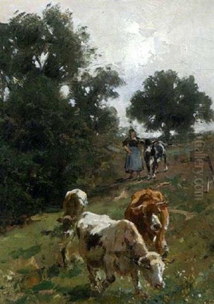 Hirtin Mit Kuhen Auf Dem Heimweg Oil Painting by Wilhelm Friedrich Frey