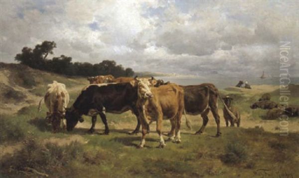 Weidende Kuhe Und Schafe Vor Kustenlandschaft Oil Painting by Wilhelm Friedrich Frey