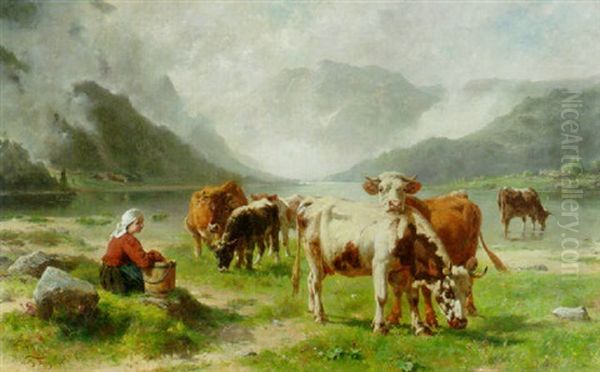 Milking-time Oil Painting by Wilhelm Friedrich Frey