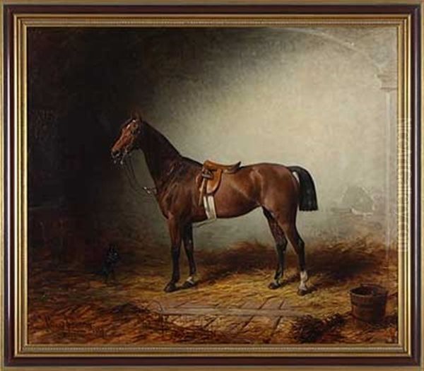 Pinscher Und Brauner Im Stall Oil Painting by Konrad Freyberg