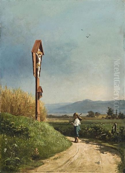 Boy On A Country Road Oil Painting by Konrad Freyberg