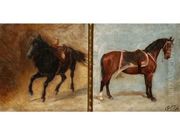 An Equestrian Double Portrait Of Vionville And Kleine Spinne Oil Painting by Konrad Freyberg