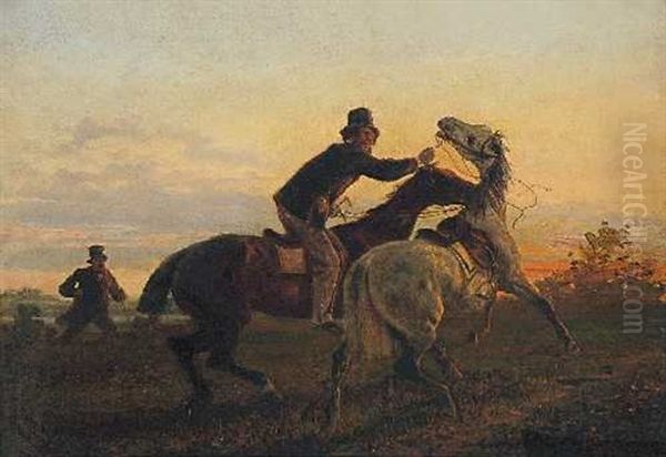 Erwischt: Ein Reiter Fangt Das Durchgegangene Pferd Eines Heraneilenden Herren Oil Painting by Konrad Freyberg