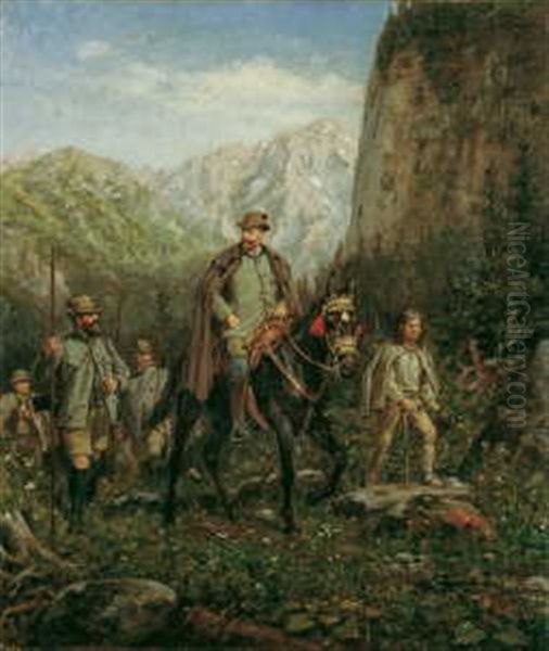 Furst Christian Kraft Zu Hohenlohe-oehringen, Herzog Von Ujest (1848-1926), Mit Seinen Jagern Im Hochgebirge Oil Painting by Konrad Freyberg