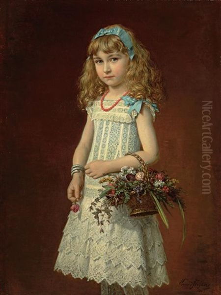 Young Girl With A Basket Of Flowers Oil Painting by Konrad Freyberg