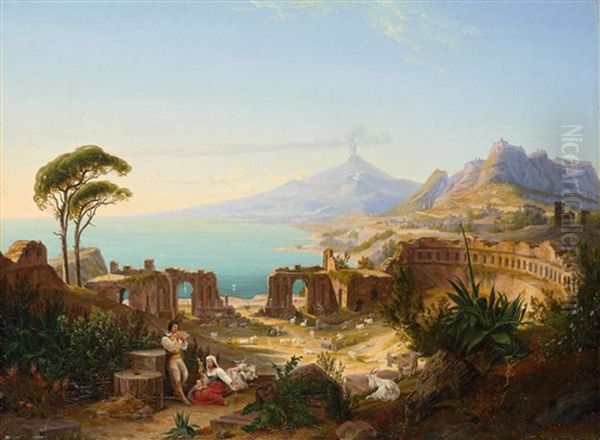 Blick Auf Das Griechische Theater Von Taormina (sizilien). Im Hintergrund Der Atna Oil Painting by Carl Daniel Freydanck