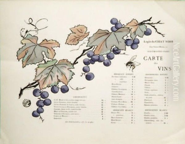 Grappes De Raisin, Feuilles De Vignes Et Abeille. Autre Menu Pour Le < Logiz Du Chat Noir >. Oil Painting by Georges Auriol