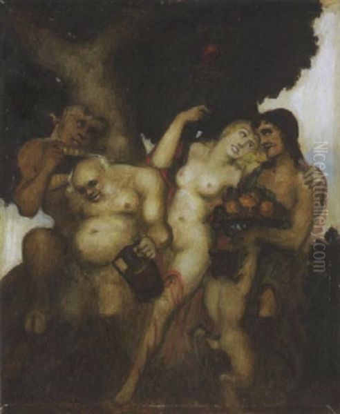 Bacchanal Mit Faun, Pan Und Jungem Paar Oil Painting by Adolf Frey-Moock