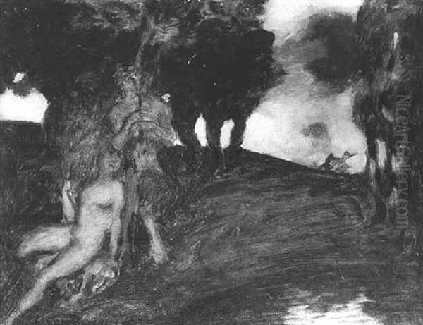 Bachlauf Mit Faun Und Nymphe Oil Painting by Adolf Frey-Moock