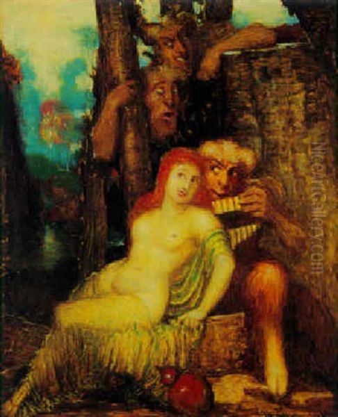 Pan Und Nymphe Oil Painting by Adolf Frey-Moock