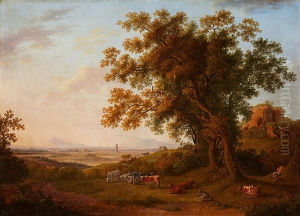 Italian Landscape With Cattle And Sleeping Shepherds Oil Painting by Johanna Mariane Freystein