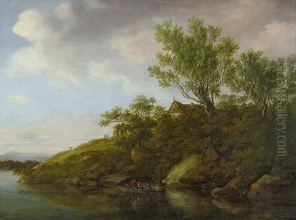 Idyllische Flusslandschaft Mit Boot Und Kleiner Hutte Oil Painting by Johanna Mariane Freystein