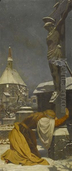 Nachtliche Winterszene Mit Junger Frau Vor Einem Kreuz Oil Painting by Albert Freytag