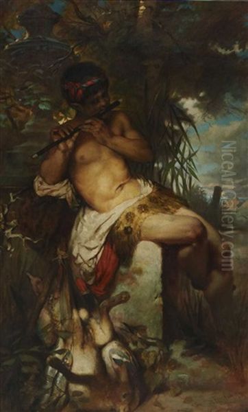 Flotespielender Faun Im Baumschatten Am Ufer Eines Gewassers Sitzend Oil Painting by Albert Freytag