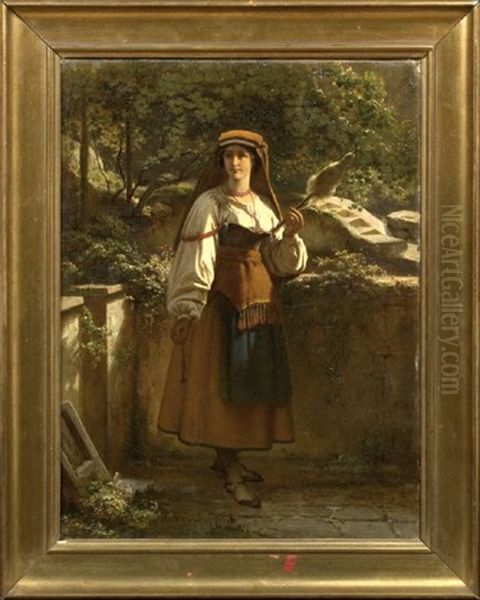 Country Maiden On A Terrace Holding Distaff And Spindle Oil Painting by Richard Freytag