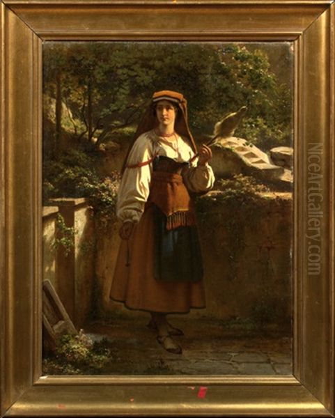 Country Maiden On A Terrace Holding Distaff And Spindle Oil Painting by Richard Freytag