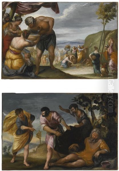 Moses Striking The Rock And The Drunkenness Of Noah (pair) Oil Painting by Juan Antonio Frias y Escalante