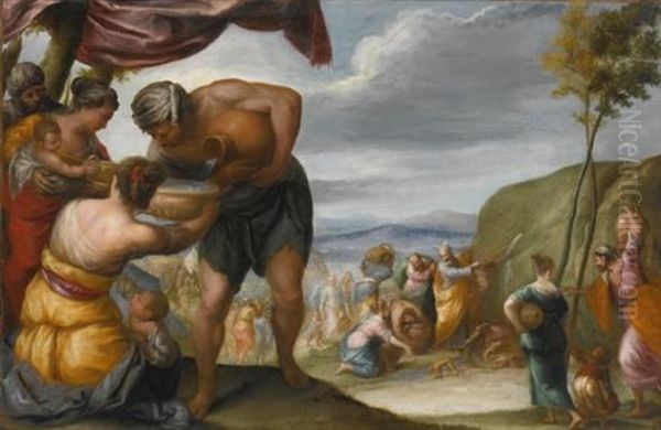 Moses Striking The Rock And The Drunkenness Of Noah (pair) Oil Painting by Juan Antonio Frias y Escalante