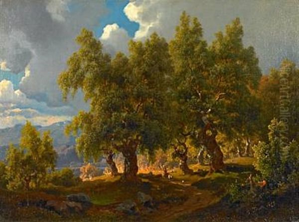 Norwegian Summer Landscape With A Shepherd Walking Under The Shade Of The Trees Oil Painting by Joachim Frich