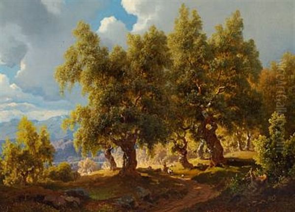 Norwegian Summer Landscape With A Shepherd Walking Under The Shade Of The Trees Oil Painting by Joachim Frich