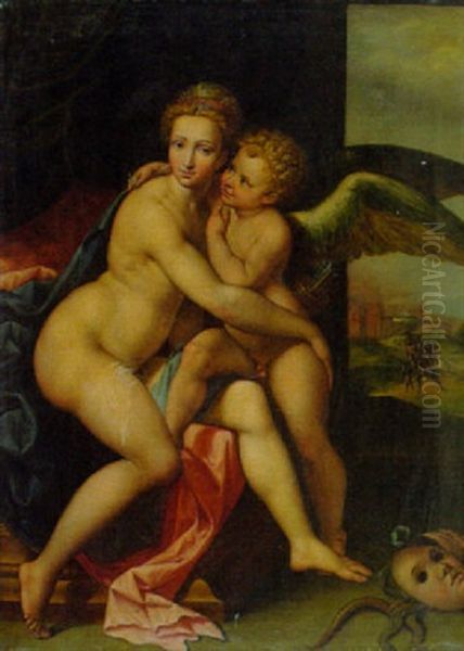 Venus And Amor (aphrodite Und Eros) Oil Painting by Ferdinand Frick