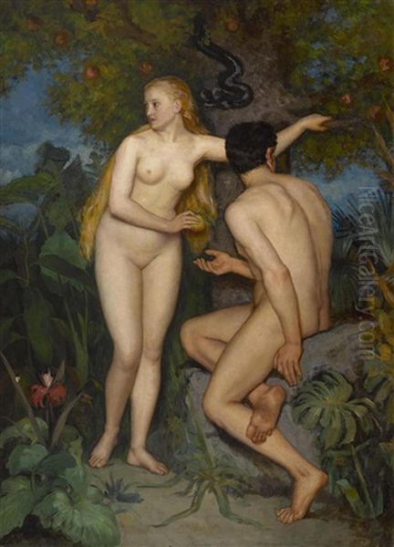 Adam And Eve In The Garden Of Eden Oil Painting by Carl Ludvig Frid