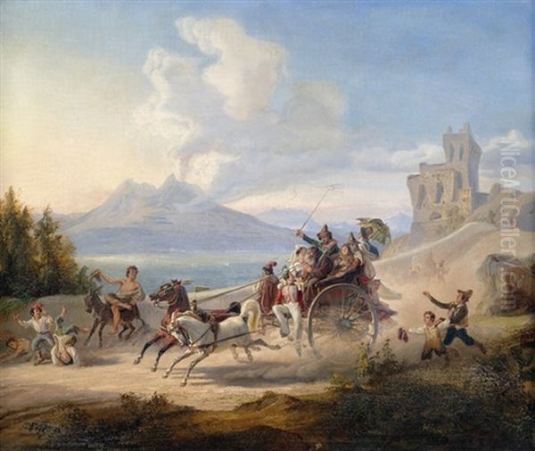 Reisekutsche Auf Staubiger Strase An Der Neapolitanischen Kuste Oil Painting by Heinrich Jakob Fried