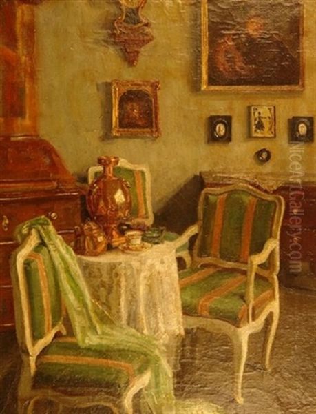 Die Teestunde. Sitzgruppe Mit Gedeckter Tafel Im Salon Oil Painting by Eleonore von Friedeburg