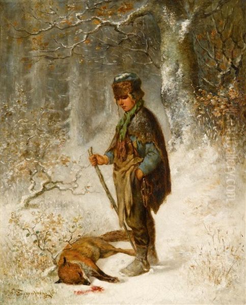 Hunter With Fox Oil Painting by Wilhelm Friedenberg