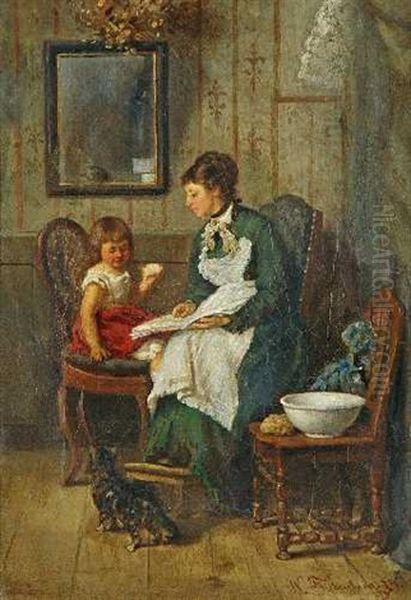 Vorlesestunde: Ein Kindermadchen Unterhalt Seinen Kleinen Schutzling Mit Einem Bilderbuch Oil Painting by Wilhelm Friedenberg