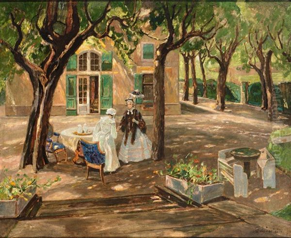 Gedeckter Kaffeetisch Im Halbschatten Der Baume Mit Biedermeierlicher Figurenstaffage Oil Painting by Walter Friederici