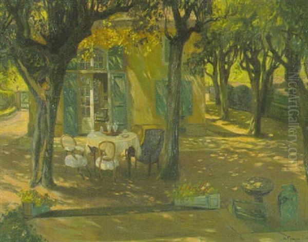 Mutters Garten. Gedeckter Kaffeetisch Im Halbschatten Der Baume Vor Dem Landhaus Oil Painting by Walter Friederici