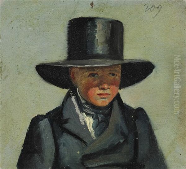 A Young Boy Wearing A Large Hat Oil Painting by Julius Friedlaender