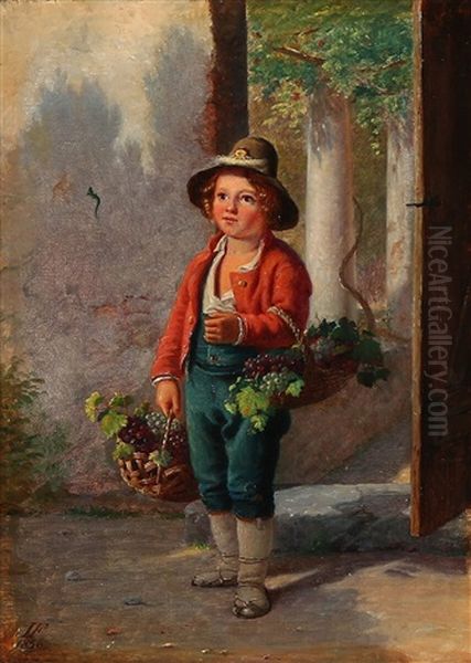 A Little Boy At A Doorway With Baskets Of Grapes Oil Painting by Julius Friedlaender