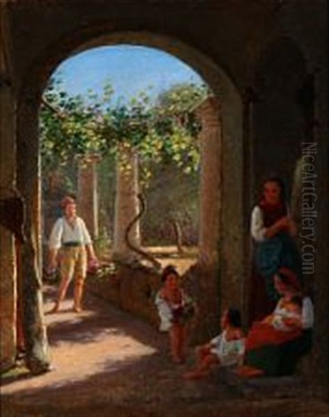 A Scene From An Italian Loggia Oil Painting by Julius Friedlaender