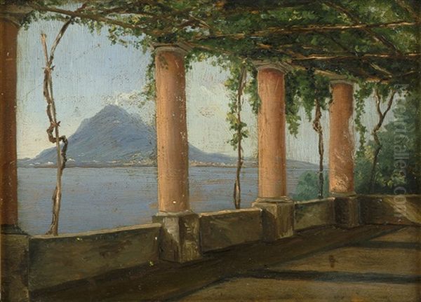 Ausblick Von Einer Weinumrankten Pergola Auf Den Rauchenden Vesuv Am Golf Von Neapel Oil Painting by Julius Friedlaender