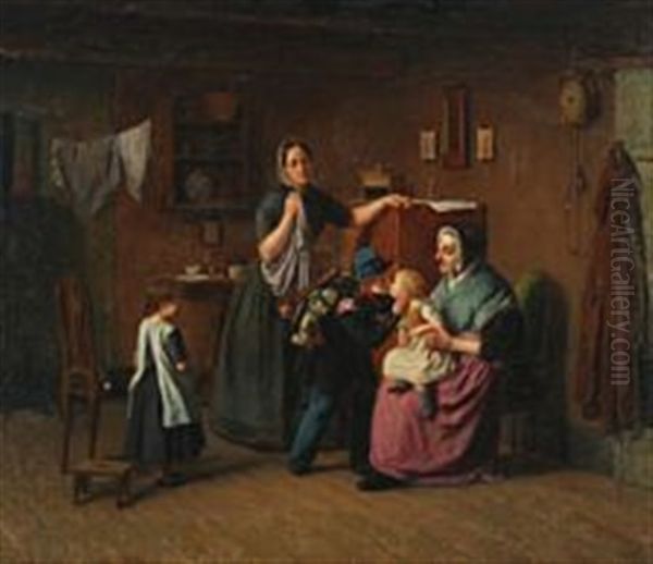 Den Lille Hornblaeser Tager Afsked Med Sin Familie Oil Painting by Julius Friedlaender