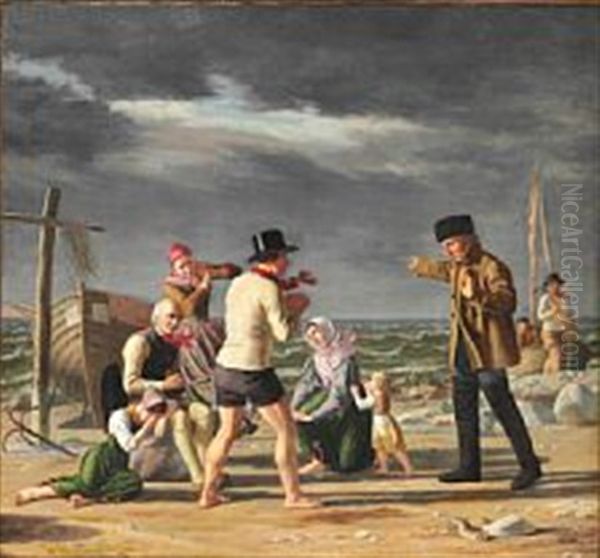 A Fisherman Returning Brings News About His Friend's Wreck Oil Painting by Julius Friedlaender