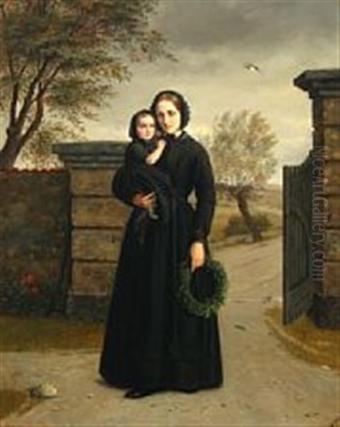 Gangen Til Kirkegarden. Ung Enke Fra Trearskrigen Med Et Lille Barn Pa Armen. Efterar Oil Painting by Julius Friedlaender