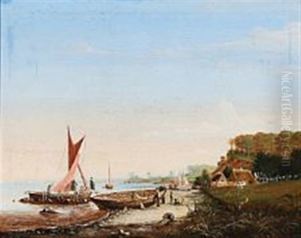 Fishermen At A Danish Shore Oil Painting by Julius Friedlaender