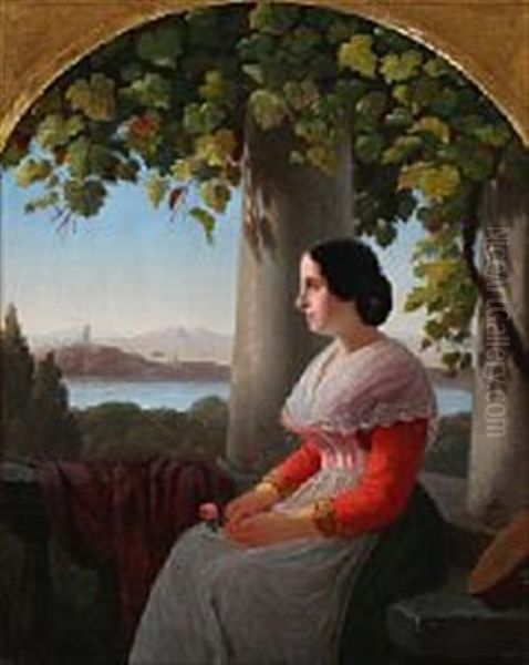 The Grapevines Provide Shade For A Woman In A Loggia On Capri Oil Painting by Julius Friedlaender